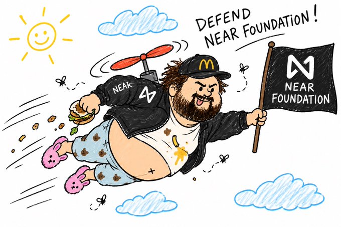 A cartoon illustration of a bearded character wearing a McDonald's cap and a NEAR jacket with a propeller beanie, flying through clouds while holding a burger and a 'NEAR FOUNDATION' flag, with text 'DEFEND NEAR FOUNDATION!' above.