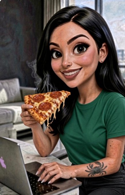 Stylized 3D illustration of a smiling woman with long black hair in a green shirt eating a slice of pepperoni pizza while using a laptop.