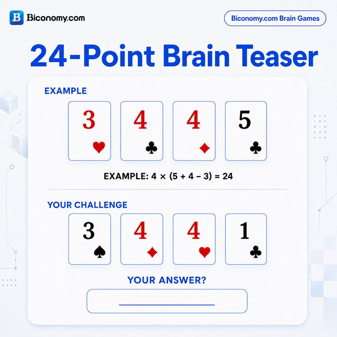 A digital card game called "24-Point Brain Teaser" from Biconomy.com showing an example using 3, 4, 4, and 5 to equal 24, with a challenge involving the numbers 3, 4, 4, and 1 awaiting the user's answer.