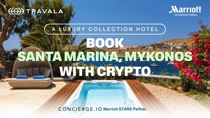 A promotional advertisement for 'TRAVALA' and 'Marriott International' reading 'BOOK SANTA MARINA, MYKONOS WITH CRYPTO,' featuring a poolside cabana overlooking a Mediterranean bay.