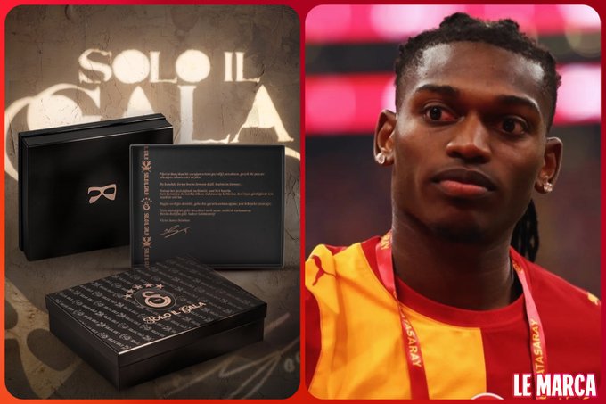 A Galatasaray player is pictured alongside an elegant black presentation box engraved with "Solo il Gala" text, which ties into the "Kara para is loading" post referring to the club's nickname. The watermark "Le Marca" appears in the bottom right corner of the image.