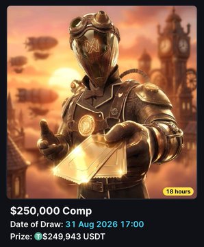 The image features a steampunk-themed figure holding an envelope, promoting MetaWin's "$250,000 Comp" giveaway with a draw date of 31 Aug 2026 at 17:00, a prize pool of ৩249,943 USDT, and a "18 hours" countdown banner—aligning with the post's reminder to claim a free entry to MetaWin's giveaway before the deadline.