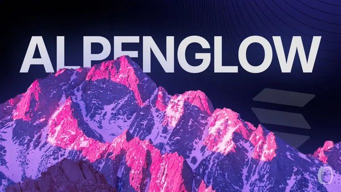 The image features bold white text reading "ALPENGLOW" overlaid on a mountain range bathed in pink and purple alpenglow lighting against a dark sky, visually highlighting the Solana network upgrade referenced in the post about Firedancer and Frankendancer client improvements.