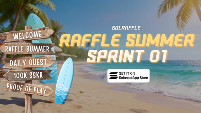 A sunny beach scene with a wooden signpost reading "Welcome," "Raffle Summer," "Daily Quest," "100k $SKR," and "Proof of Play," alongside a blue surfboard, promotes the launch of "Raffle Summer Sprint 01" on the Solana dApp Store for Solana Mobile users.