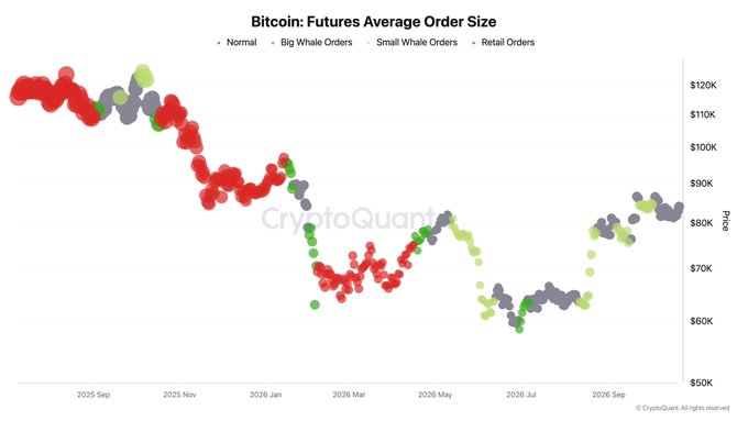 “Bitcoin: Futures Average Order Size” charts BTC futures average order size by category from roughly September 2025 to September 2026, with the y-axis ranging from $50K to $120K. Red retail-order dots dominate much of the chart but disappear around early 2026, while normal, big-whale, and small-whale orders continue, supporting the claim that retail traders exited BTC futures markets—the opposite of conditions at the prior peak.