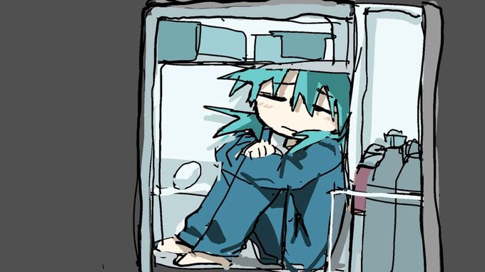 A cartoon drawing of a green-haired character in blue pajamas sitting slumped inside an open refrigerator, looking exhausted in the dim light.