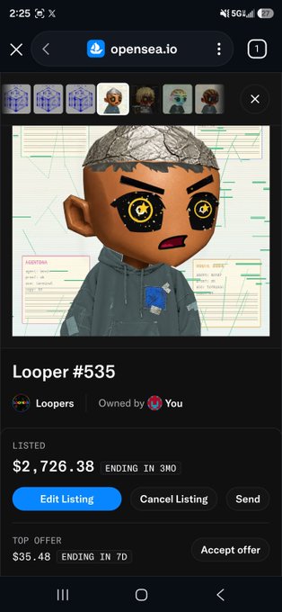 Screenshot from OpenSea showing a 3D NFT character named 'Looper #535' listed for $2,726.38 with a top offer of $35.4B and ending times of 3MO and 7D respectively.