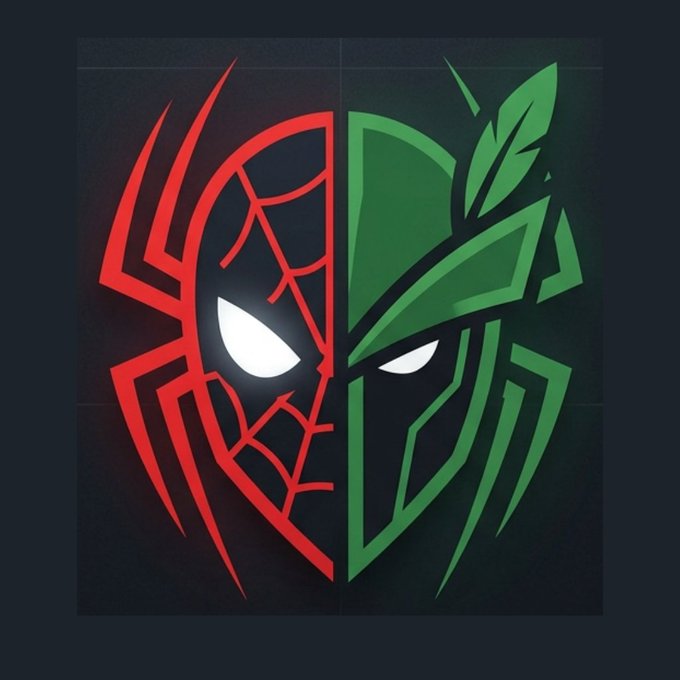 A stylized split-face graphic mask design featuring red Spider-Man-like webbing on the left and green leaf-like armor on the right, representing a Gaming vs. Nature mashup emblem.
