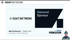 A promotional banner for 'GOAT NETWORK' as a Diamond Sponsor at 'Main Conference • Sep 30 - Oct 1' for 'HBW 2026' in 'MILAN, ITALY'.