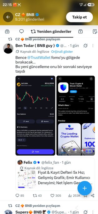 A Twitter/X repost feed from the CZ 🟧 BNB account shows multiple retweets related to crypto projects. The first retweet is from Ben Todar quoting @TrustWallet about Saturn (SATURN) at $50.1000K market cap, with a Trust Wallet preview showing "The Leading Crypto Wallet," aligning with the post's discussion about CZ's diminishing influence and the low market cap of the Saturn project he retweeted.