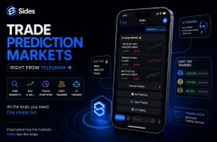 A promotional banner for Sides app featuring 'TRADE PREDICTION MARKETS' with 'NIGHT FROM TELEGRAM' and an image of a smartphone displaying crypto charts.