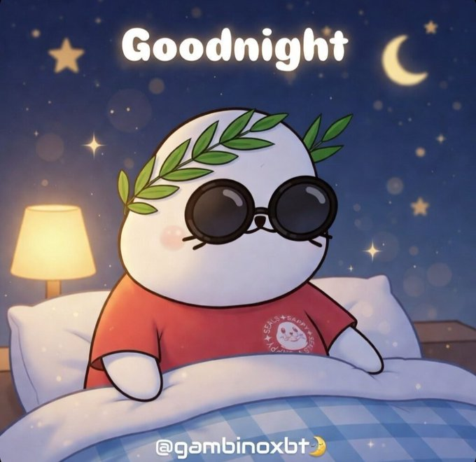 A cute cartoon illustration of a white round character wearing black sunglasses and a red shirt, sitting in bed under the word 'Goodnight', with the watermark '@gambinoxbt'.