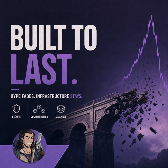 A graphic titled 'BUILT TO LAST. HYPE FADES. INFRASTRUCTURE STAYS.' featuring attributes 'SECURE', 'DECENTRALIZED', and 'SCALABLE', alongside an illustration of a crumbling stone bridge.