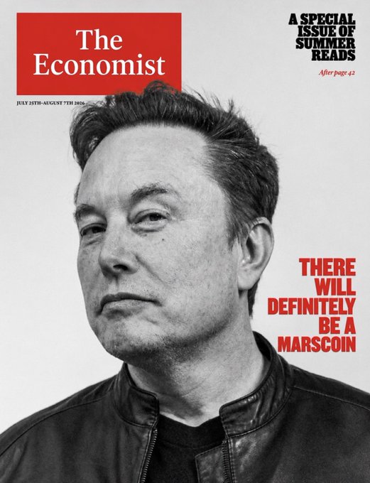 The image is the cover of *The Economist* magazine (July 25th-August 7th 2026) featuring a black-and-white close-up photo of Elon Musk, with the headline "THERE WILL DEFINITELY BE A MARSCOIN." The caption "Elon for the Economist" simply references that Musk is the cover subject of this issue, tying the image to its featured personality.