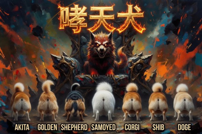 Dark fantasy artwork with Chinese/Japanese characters '哮天犬' (Howling Celestial Dog) above a fierce wolf-like creature on a throne, with seven dog breeds shown from behind: AKITA, GOLDEN, SHEPHERD, SAMOYED, CORGI, SHIB, and DOGE.
