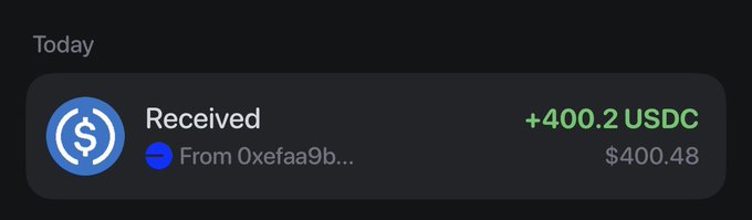 A wallet transaction notification shows a received payment of +400.2 USDC (approximately $400.48) from the address "0xefaa9B..." under today's activity, which aligns with the user's post about receiving a reward payout from the Wallchain Qzino Campaign.