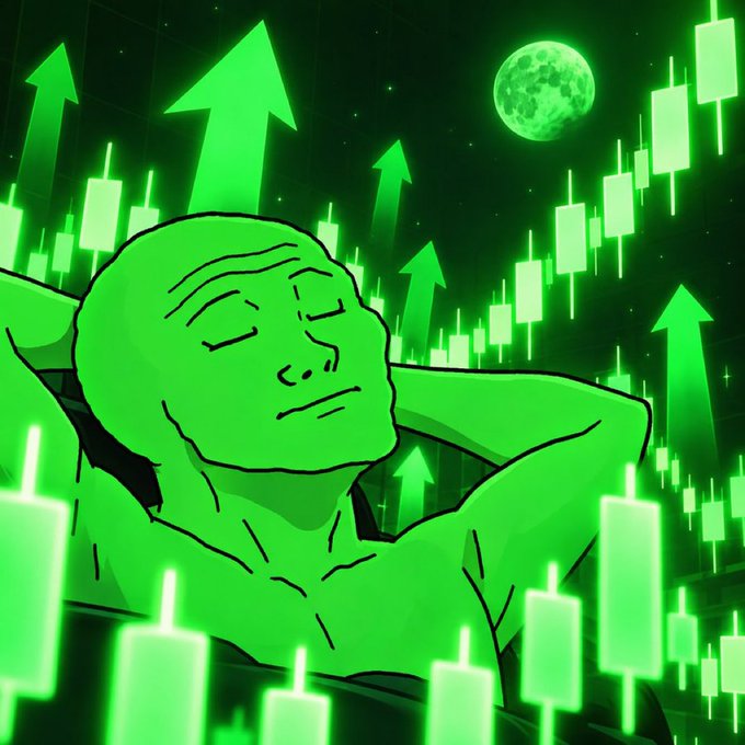 A relaxed Wojak figure rests contentedly with hands behind his head, bathed in green, surrounded by rising upward arrows, bullish candlesticks, and a moon against a starry night sky—visually capturing the euphoric "Uptober" rally sentiment as the post celebrates the start of a bullish market month.