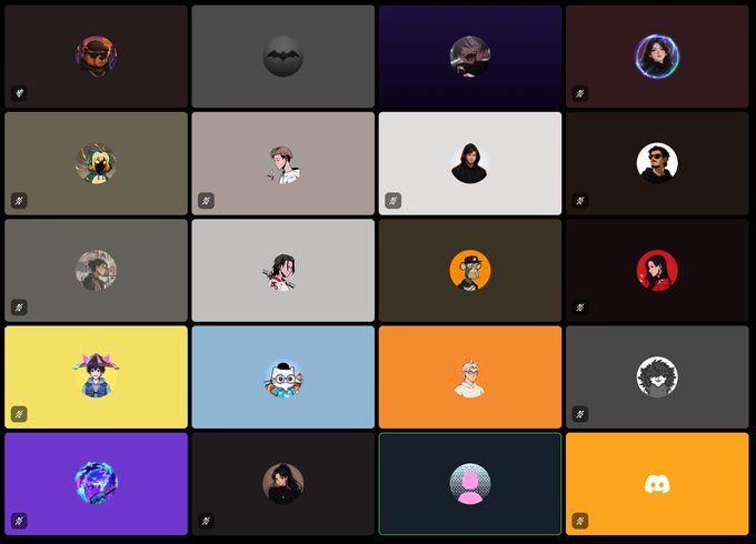 A grid of twenty rectangular tiles in various colors displays small avatar illustrations in the center of each.