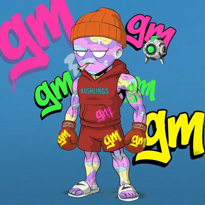 A cartoon boxer avatar with a "KUSHLINGS" hoodie, orange beanie, and boxing gloves stands surrounded by colorful graffiti-style "gm" tags alongside a small drone companion. The illustration visually echoes the post's "Gm" greeting while playfully nodding to NFT culture, though no specific collection name is featured beyond the "KUSHLINGS" branding on the outfit.