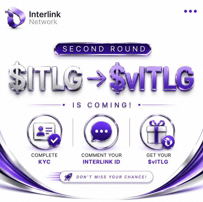 An Interlink Network promotional graphic announcing the second round of $ITLG to $vITLG conversion, with instructions to complete KYC and comment.