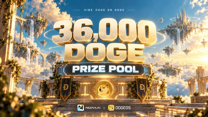 A promotional banner for a crypto gaming event displays 'VIBE CODE ON DOGE', a '36,000 DOGE PRIZE POOL' in large gold text, with 'NOAH.AI x DOGEOS' branding at the foot of a fantasy architectural scene featuring castles and the Doge Shiba Inu logo.