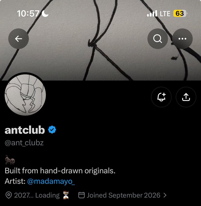Screenshot of a Twitter/X profile for 'antclub' (@ant_clubz), showing a hand-drawn ant logo, bio reading 'Built from hand-drawn originals. Artist: @madamayo_', 'Joined September 2026', and status of '2027... Loading'.