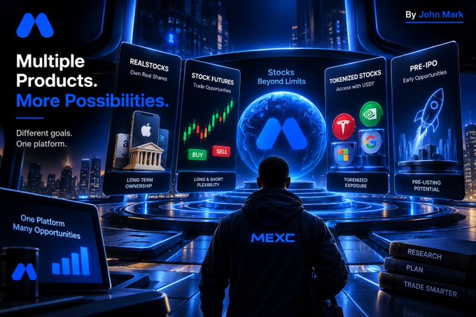A promotional graphic titled 'Multiple Products. More Possibilities.' showcases the MEXC platform, featuring categories like 'REALSTOCKS', 'STOCK FUTURES', 'TOKENIZED STOCKS', and 'PRE-IPO' arranged around a central globe, credited to 'John Mark'.
