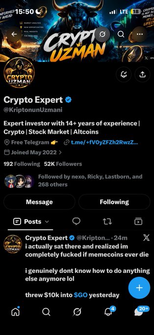 A Twitter/X profile for 'Crypto Expert' (@KriptonunUzmani) with 52K followers, described as an 'Expert investor with 14+ years of experience | Crypto | Stock Market | Altcoins.'