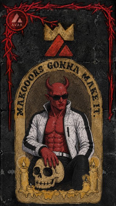 A dark fantasy-style tarot card features a horned red demon in sunglasses and a white jacket with the text "MAKEOORS GONNA MAKE IT" arched above.