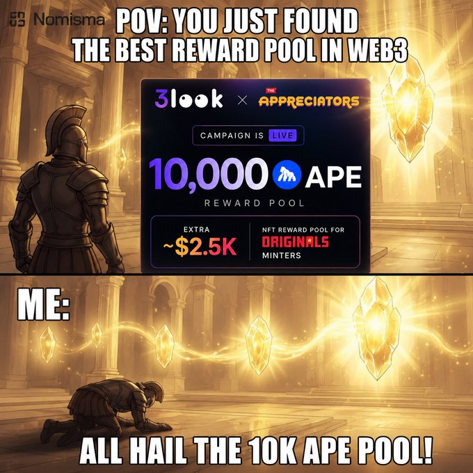 The image shows two cartoon drawings of people with swords, one standing up and another kneeling down. The drawings are accompanied by text that reads "Big Opportunities Are Opening Across @NomismaNetwork & @Appreciators_IO". The text also mentions a campaign called "10,000 APE reward pool" and the names "@NomismaNetwork" and "@Appreciators_IO".