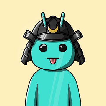 A cartoon illustration of a teal-colored character wearing a black samurai-style helmet with its tongue sticking out.