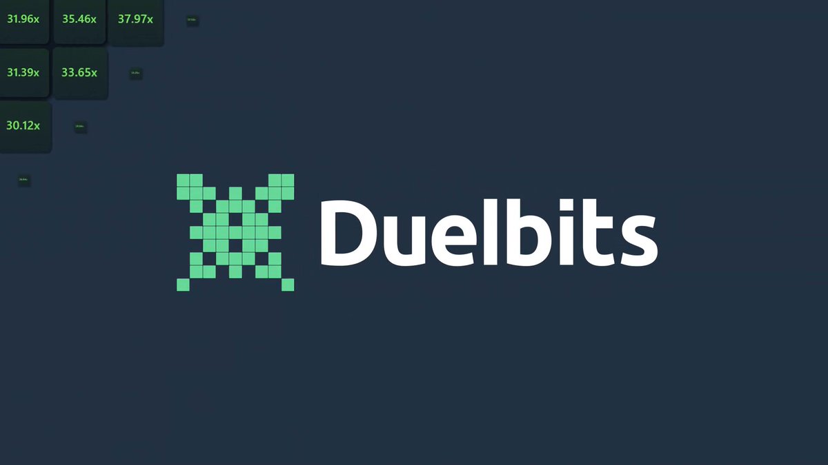 The image features a logo for a trading platform called duelbits. The logo consists of a green cross symbol surrounded by a white border, with the words "duelbits" written below it in white letters. The background of the image is dark blue, which contrasts with the light green color of the cross and makes the text stand out. There are several other symbols or logos scattered throughout the image, but they do not seem to be related to duelbits.