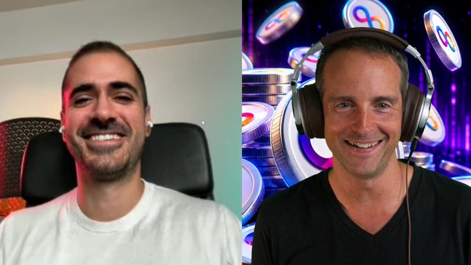 A split image showing two men on what appears to be a livestream interview—the man on the left smiles warmly from a simple indoor setting, while the man on the right wears headphones against a vibrant digital background of floating cryptocurrency coins, fitting the post's promotion of a live YouTube discussion about $ICP (Internet Computer) bullishness.