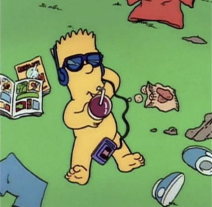 The Simpsons character Bart Simpson lies on the grass wearing sunglasses and headphones, leisurely sipping from a purple cup with a straw while a portable music player dangles from his waist, surrounded by scattered items like shoes, a shirt, and an open magazine. This image perfectly illustrates the "how life feels when you're a habitual profit taker" caption, as Bart's relaxed, carefree posture mirrors the easy, low-stress lifestyle of someone who consistently secures small gains rather than holding out for potentially larger returns.