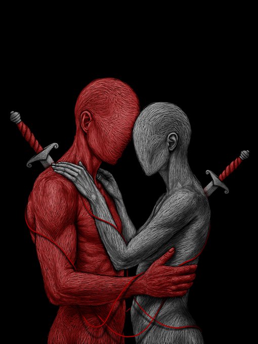 Two color contrasts, red and gray, are embracing each other while each one has a sword on its back. This is the artwork titled "Mutual Wounds." 

This image represents the harmony of diversity, with red and gray figures showing unity despite their differences. The artwork by Tokioflo is celebrated for its beauty and depth.