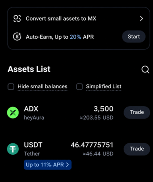 The image shows a cryptocurrency wallet interface with an "Assets List" displaying 3,500 ADX (heyAura) tokens valued at approximately $203.55 USD and 46.47775751 USDT (Tether) valued at $46.44 USD, both with "Trade" options and an "Up to 11% APR" badge on USDT, visually confirming the poster's claim of claiming $ADX (heyAura) Season 1 rewards.