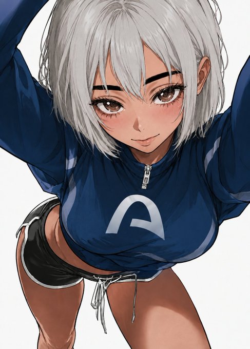 An anime-style illustration depicts a tanned girl with short silver hair, brown eyes, and a dark blue zip-up top, looking up at the viewer with a slight blush.