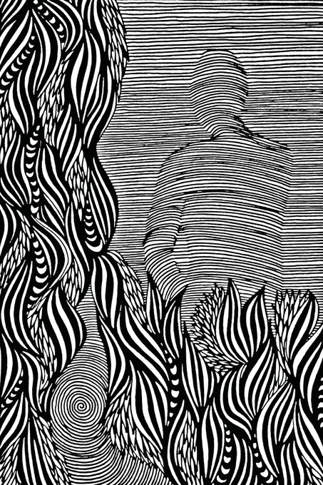 A black and white abstract optical art piece featuring wavy, striped patterns and a central spiral design.