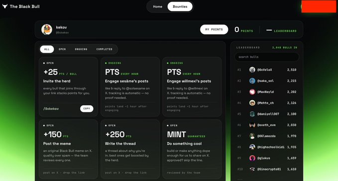 The Black Bull website showing a 'Bounties' dashboard with various PTS tasks (Invite the herd, Post the meme, Write the thread, Do something cool) for user 'kekov' and a leaderboard ranking bulls.
