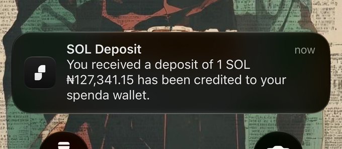 A phone notification from Spenda shows a "SOL Deposit" alert stating "You received a deposit of 1 SOL" with "₦127,341.15 has been credited to your spenda wallet," visually supporting the post's claim about Spenda enabling P2P Solana transactions.