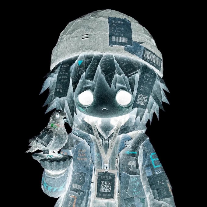 A ghostly figure with hollow glowing eyes is covered in shipping labels, barcodes, and receipts reading "DELIVERY," "COURIER," "FAST CHEAP NONE," and "NO TRIP NO TRIP," holding a small pigeon—fitting the post's theme of "HOUSE GHOST," where delivery labels and forgotten addresses become haunting traces left behind.