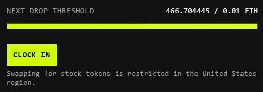 The image displays a crypto/NFT dashboard showing "NEXT DROP THRESHOLD" of 466.704445 / 0.01 ETH with a nearly full yellow progress bar and a "CLOCK IN" button, noting that swapping stock tokens is restricted in the United States. This visualizes the impending $STONKBROKER NFT payout of approximately 466 ETH mentioned in the post, showing the threshold is almost reached and ready to trigger the next drop.