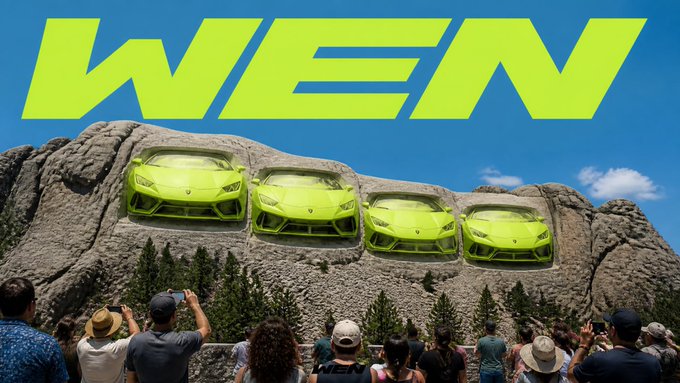 Four bright green Lamborghinis are photoshopped onto Mount Rushmore in place of presidential faces, with the bold yellow word "WEEN" displayed across the top against a blue sky, while a crowd of tourists takes photos below — playfully answering the post's "wen lambo on mount rushmore?" question by merging the two.