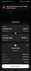 Mobile screenshot showing a crypto purchase interface with a 'Buy disabled for this account. Please contact support' error message, displaying 0.0280 BNB available balance.