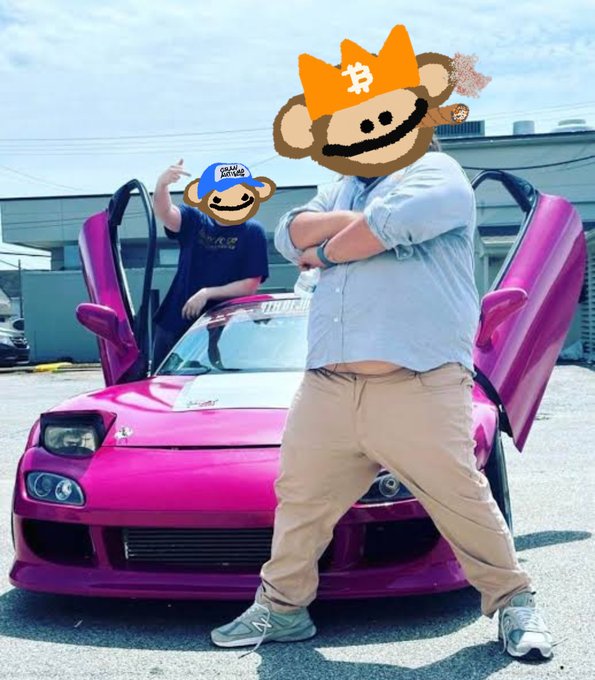 Two people pose in front of a bright pink sports car with its scissor doors open, their faces covered by crypto meme stickers (a Bitcoin monkey and a Chill Guy monkey). The caption "fou's back son" suggests a triumphant return celebration, likely tied to a crypto comeback or pump, fitting the playful bullish energy of the scene.