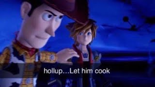 A still from the animated film Toy Story 2 shows Woody smiling with a concerned Jessie behind him, with the subtitle "hollup...Let him cook".