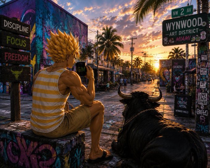 An anime-style muscular character with spiky blonde hair drinking from a mug labeled 'GM' sits beside a black bull in the Wynwood Art District in Miami at sunset, surrounded by colorful street art with signs reading 'DISCIPLINE FOCUS FREEDOM' and 'WYNWOOD - ART DISTRICT - MIAMI'.