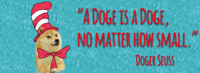 The image features a cartoon dog wearing a red bowtie, sitting next to a quote that reads "A doge is a dog; no matter how small." The background of the image is blue with white text.