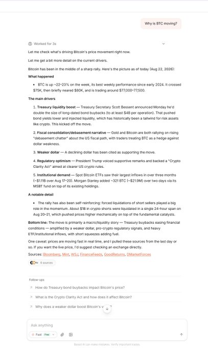 An AI chat interface displays a breakdown of Bitcoin's ~22-23% weekly rally, citing the move past $75K with five main drivers: Treasury liquidity boost, fiscal consolidation narrative, weaker dollar, regulatory optimism (Trump's Crypto Clarity Act, spot Bitcoin ETF inflows of ~$21.9B), and institutional demand from Morgan Stanley's added $321.9M in IBIT. The interface reflects a user querying "Why is BTC moving?" with the response aligning with the accompanying post promoting Based Infinity as a research AI tool.
