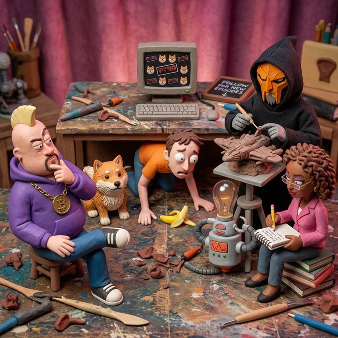 A claymation-style scene featuring several characters including a masked figure sculpting, a person with a mohawk, a Shiba Inu dog, a robotic figure, and a woman taking notes around a table with a computer showing 'PTSH' on screen.